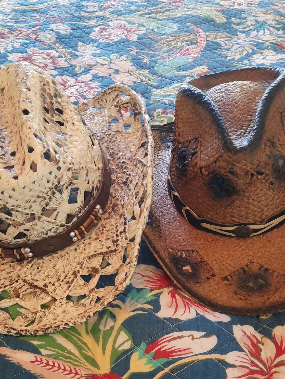 2 Woven Straw Cowboy Hats - Natural & Brown